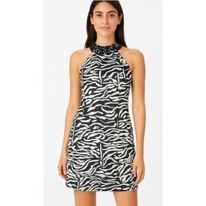 INC Black/White Zebra Print Satin Sleeveless Beaded Keyhole Halter Mini Dress, 2